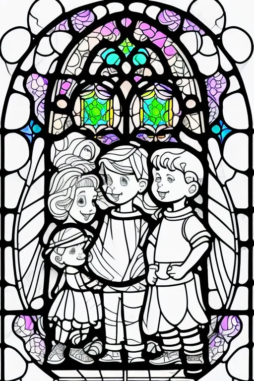 kids coloring page, stained glass window, cartoon style, thick lines, low detail, no shading