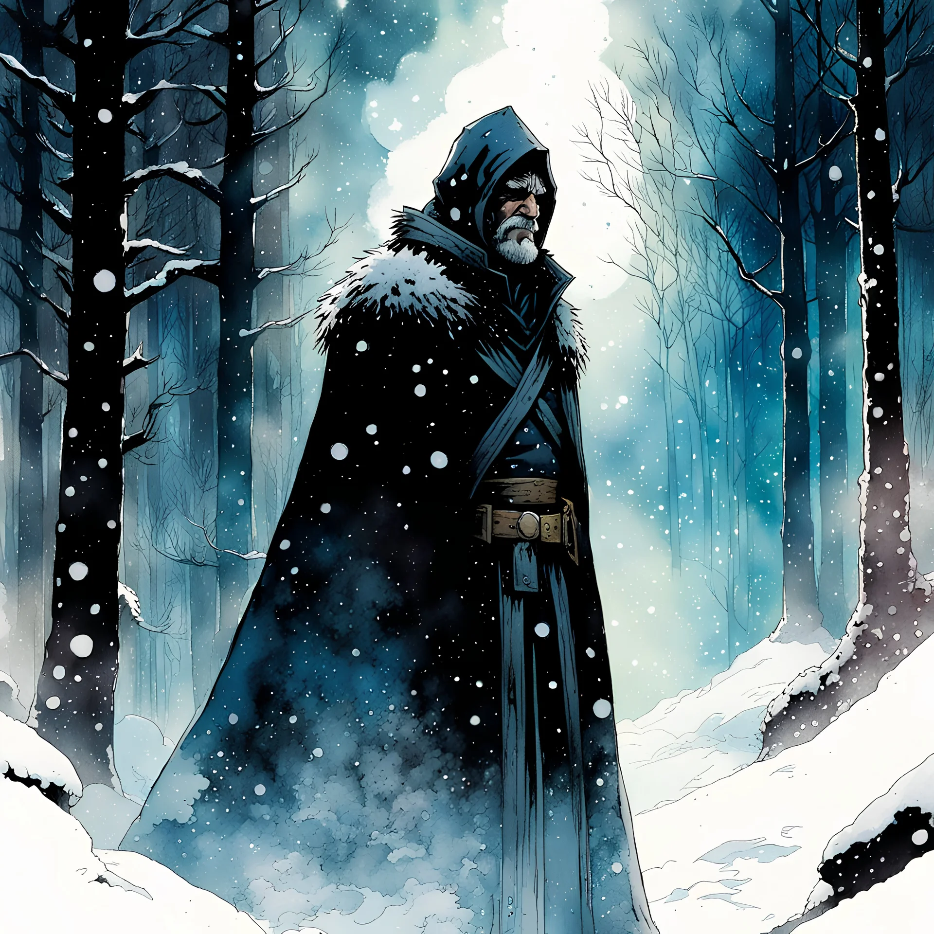 Die Schneekönigin, halfbody, Night, forest, snow, blizzard, created in inkwash and watercolor, carnival in the comic book art style of Mike Mignola, Bill Sienkiewicz and Jean Giraud Moebius, highly detailed, grainy, gritty textures, , dramatic natural lighting