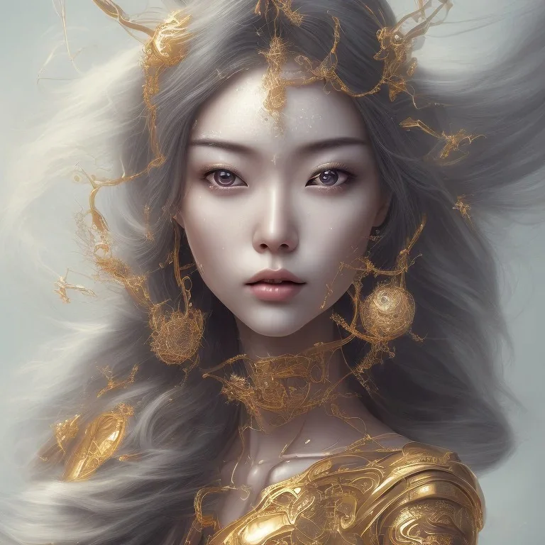 a wonderfull japanese woman, curves, robotic, silver long hair, hair covering one eye, ultradetailed fine art photo of a indian, weet face portrait, snow flakes particles, 8 mm lens, golden ratio composition, detailed face, studio photography, very detailed,masterpiece, artstation, 8 k, highly coherent