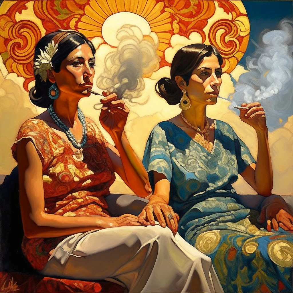 2 mexican woman smoking painting neoclassism whole body zoom the sun