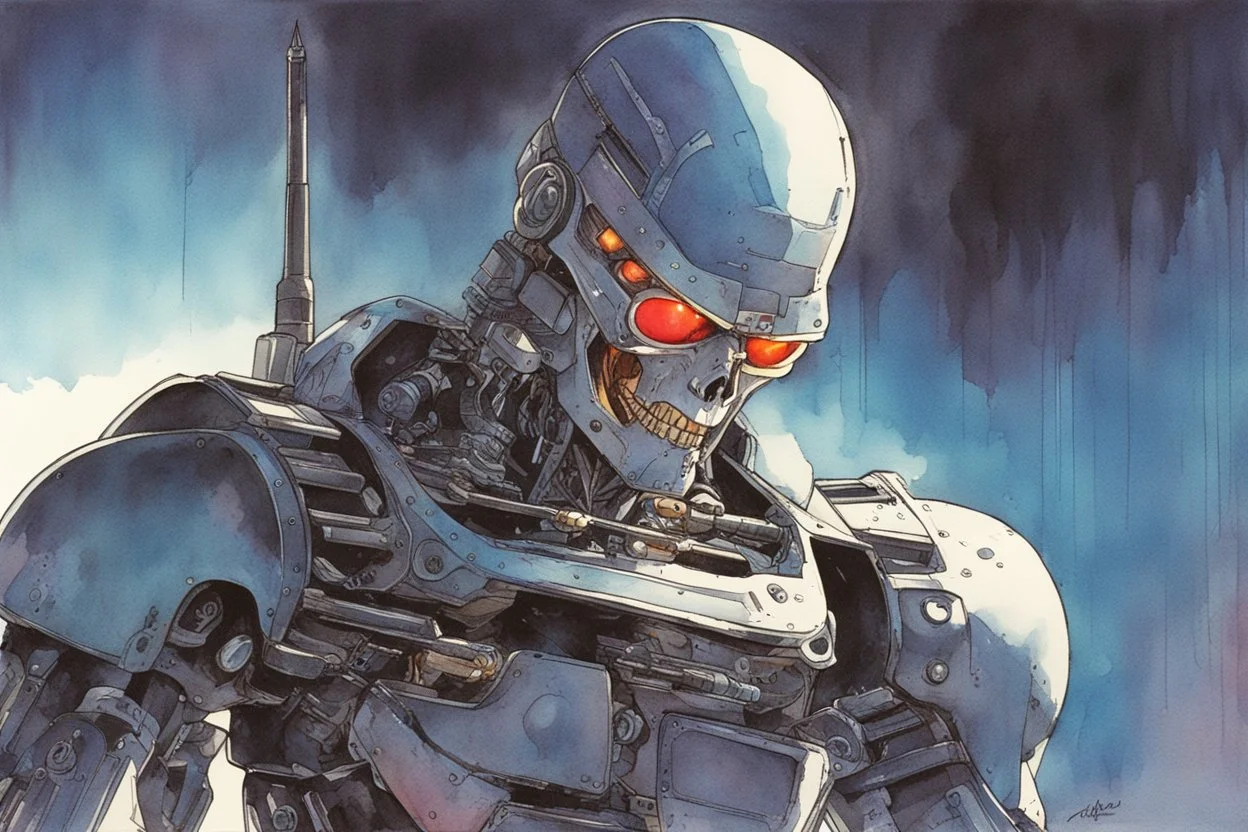 retro anime style, full color, dark serious 1980s anime terminator like robot, moebius artist, magic, watercolor,
