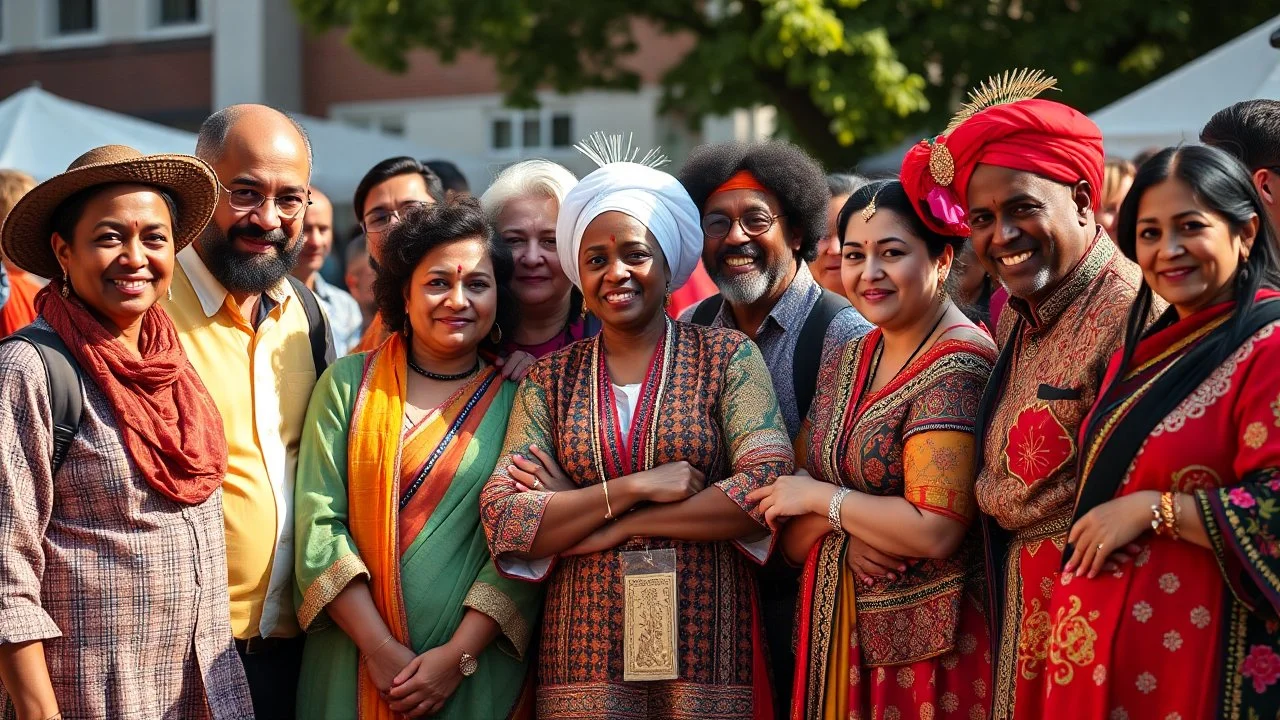 Nikon D850 with Nikkor 24-70mm f/2.8 lens at f/5.6: [18 volunteers from diverse ethnic backgrounds, including Cockney, Jewish, Asian, Polish, Scottish, Black, Chinese, Indian, and Japanese, gathered together at a vibrant multicultural festival in Wandsworth, London, showcasing their traditional attire and expressions], [warm sunlight casts a gentle glow on the scene, with subtle shadows accentuating the textures and colors of the clothing and surroundings], creating [unity and celebration]