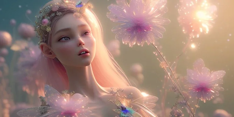 crystal subtle flower in a galactic ambiance beautiful fairy, transparent, delicate colors, in the foreground, full of details, smooth，soft light atmosphere, light effect，vaporwave colorful, concept art, smooth, extremely sharp detail, finely tuned detail, ultra high definition, 8 k, unreal engine 5, ultra sharp focus