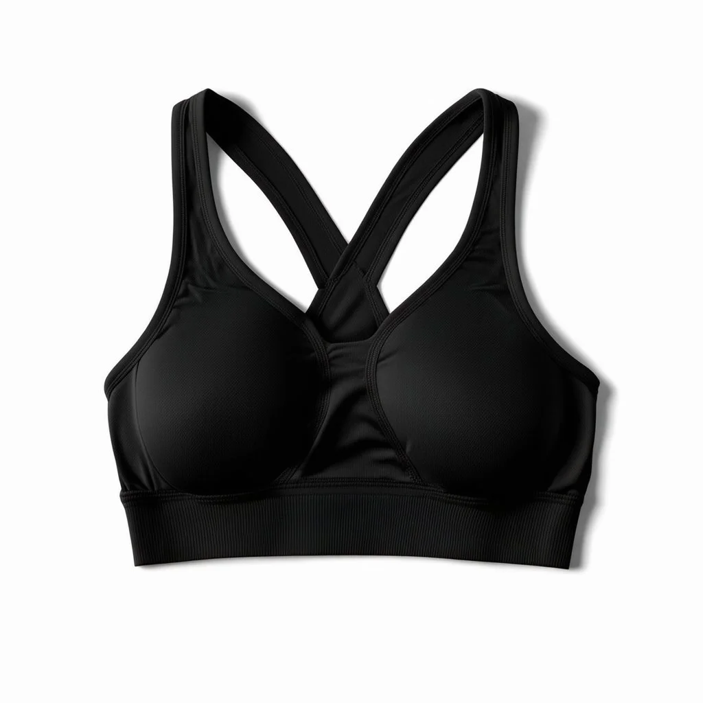 Folded Cross-back sport bra, top view, flat lay, realistic, active wear, black material