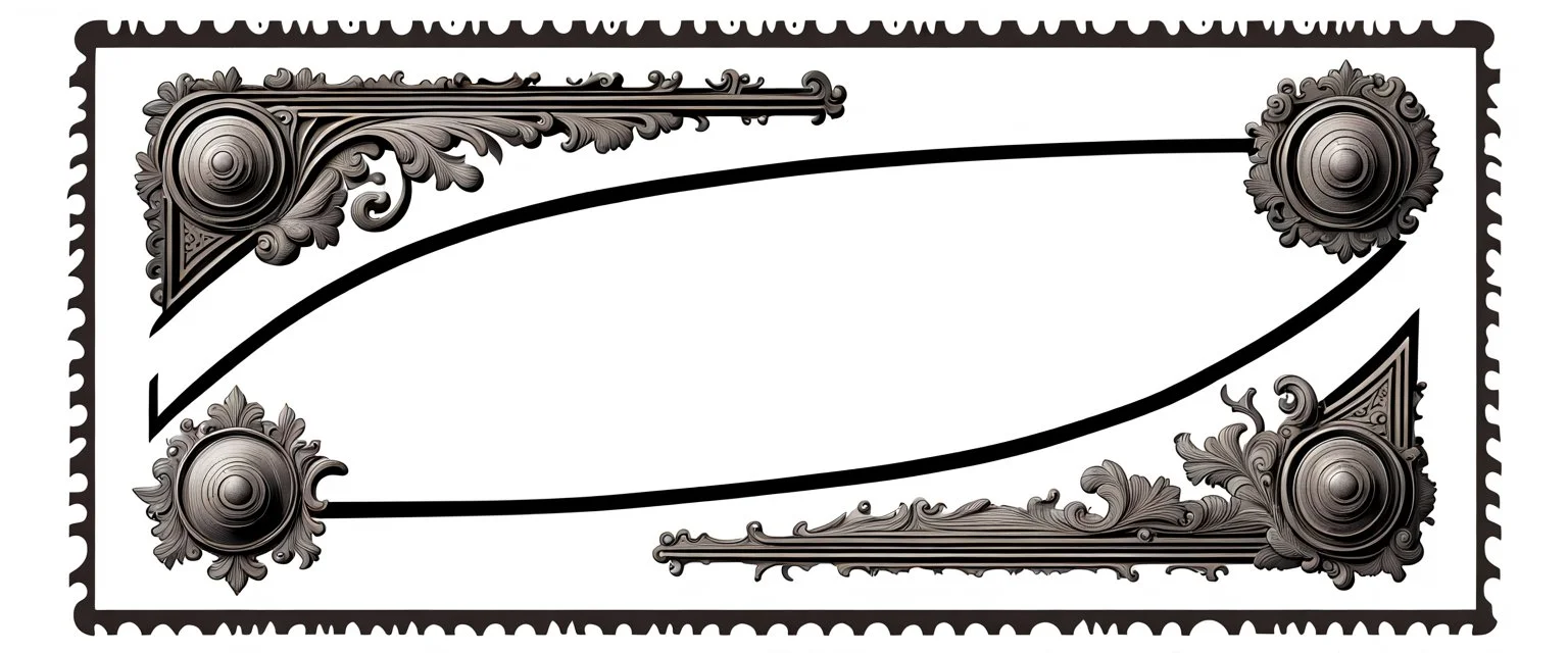 decorative corner elements(top left and bottom right) inspired by steam locomotive railroad and engraved stamps. antique printing
