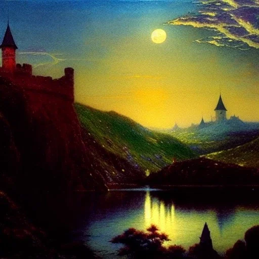 Drawing of 'Medieval Romanian Castle',mountain,lake,full moon, by gaston bussiere, greg rutkowski, yoji shinkawa, yoshitaka amano, tsutomu nihei, donato giancola, tim hildebrandt,ink on canvas, cinematic composition, extreme detail,fit full head inside picture,16k