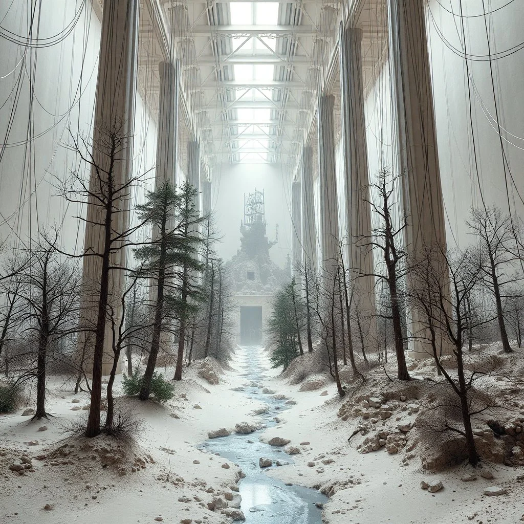 Photograph, a mass of wires, giant museum space, trees, pillars, high walls, schermi di computer, high towers in a room, rag, powder, brook, sediments, deflagration of the background, geological formation, light, architecture, minimalist, details of the terrain very accentuated, 8k, deep 3d field, sharp, brutalist, hasselblad h6d400c --ar 85:128 --v 6.0