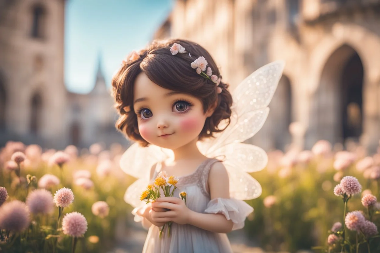 cute chibi brunette fairy, flowers, in Pisa, Italy in sunshine, ethereal, cinematic postprocessing, dof, bokeh