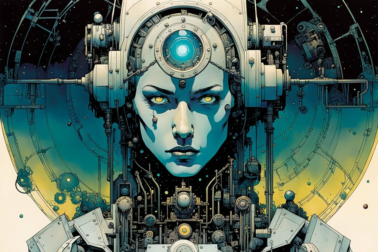 create an ethereal, otherworldly robotic female time traveler , in the comic book art style of Mike Mignola, Bill Sienkiewicz, and Jean Giraud Moebius, with highly detailed mechanical and cybernetic parts and feminine facial features , finely inked , dramatic natural lighting