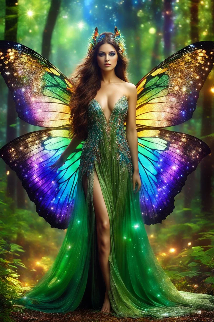 Gorgeous Photography Realistic Natural Beautiful butterfly woman straddle wings with gown shiny brown flowing hair, glitter colorful butterfly wings, lovely glowing green eyes, surrounded by magical colorful forest and flickering lights, digital photography, kaleidoscope, vibrant colors, vivid colors, colorful,she wak in magic forest full sparkling light