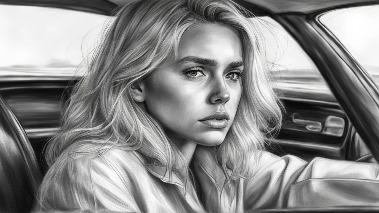 Black and white pencil sketch of a sad blonde driving a car, tears, photorealism, 3d, 64k, high resolution, hyperrealism, f/16, 1/300s.