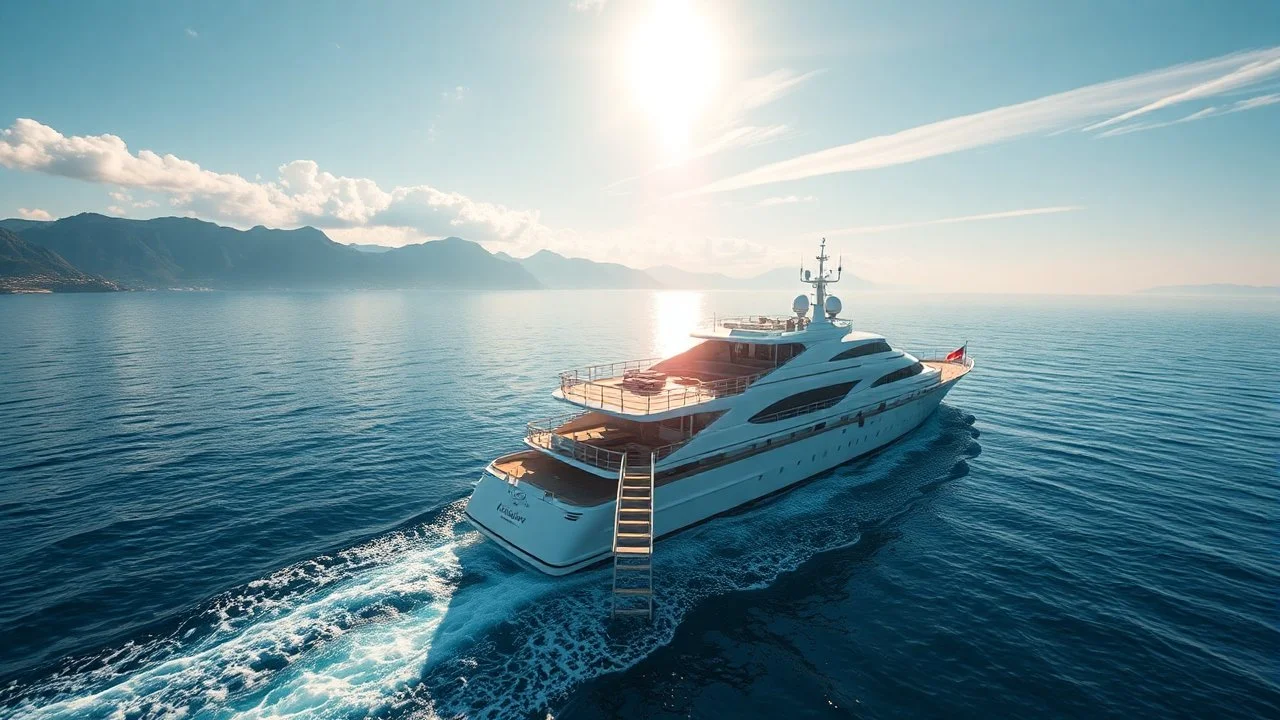 Please create a vivid and detailed scene depicting a luxurious ship sailing on the open sea, with stunning mountains visible in the distance. On the deck of the ship, there should be a professional diving board Please structure the output in a na