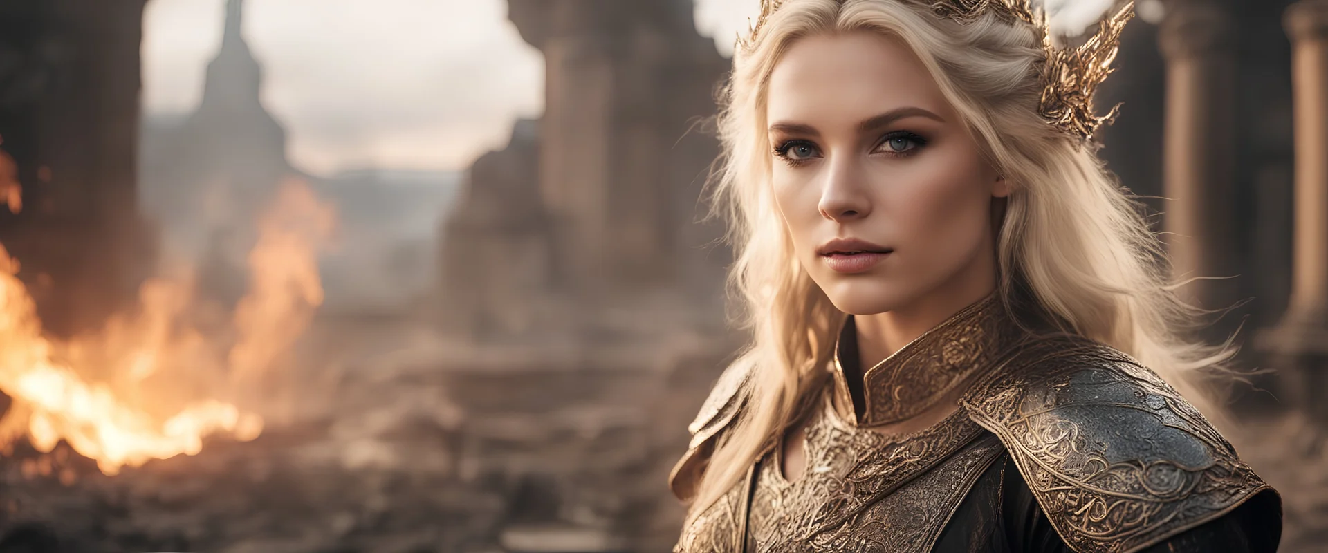 photoreal close-up of a gorgeous 20year old radiant powerful blond half-elf wizard queen in expensive intricate tunic casting an enourmous fireball with heroes blurred in the background near forgotten ruins at golden hour by lee jeffries, otherworldly , in the style of fantasy movies, photorealistic, shot on Hasselblad h6d-400c, zeiss prime lens, bokeh like f/0.8, tilt-shift lens 8k, high detail, smooth render, unreal engine 5, cinema 4d, HDR, dust effect, vivid colors