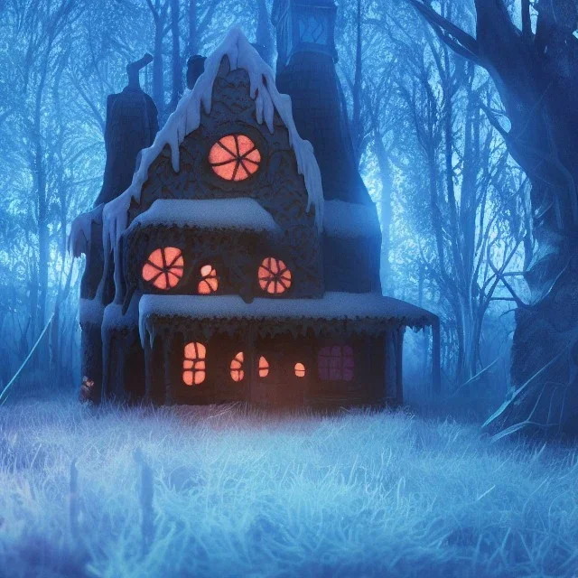 a witch house in the woods made of gingerbread, cerulean frosting, and pastel candies, 8k, flickering light, centered, high-quality, fine-detail, digital art, detailed matte, volumetric lighting, illustration, 3D octane render, brian froud, howard lyon, greg rutowski, alphonse mucha