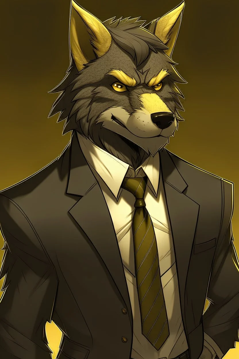 Buff, anthro, wolf, himbo, black fur, gold eyes, wearing a suit