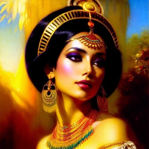 Drawing of beautiful face extra busty cleopatra,pet tiger,river,piramid,maid servant, balanciaga fashion clothe painting by gaston bussiere, greg rutkowski, yoji shinkawa, yoshitaka amano, tsutomu nihei, donato giancola, tim hildebrandt, oil on canvas, cinematic composition, extreme detail,fit full head inside picture,16k