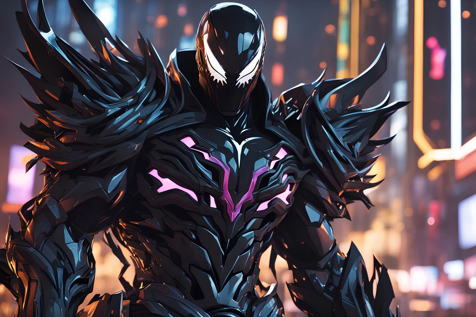 Venom Shredder machine in 8k solo leveling shadow artstyle, sombra them, close picture, rain, Shredder helmet, neon lights, intricate details, highly detailed, high details, detailed portrait, masterpiece,ultra detailed, ultra quality