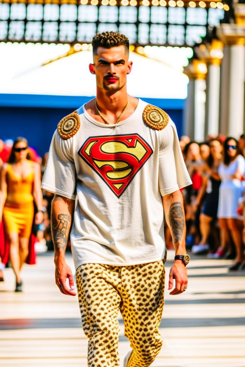 A guy on a fashion runway with Kryptonian Superman street wear all embroidery Clothes in neutral colors