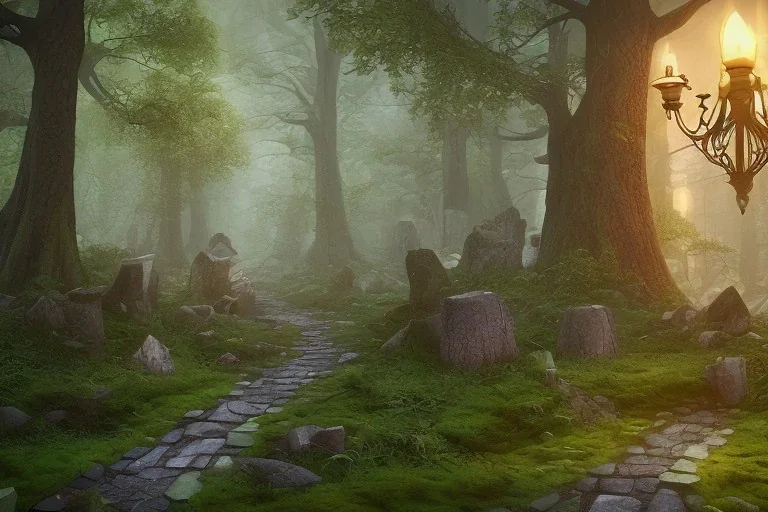  stone path lanterns forest