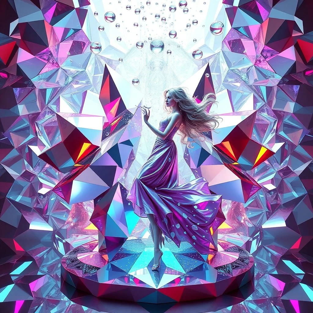 very complex structure ,pretty viberating color environment 3d metalic and crystal recursive animating beveled geometric base very complex structure emiting mirror bubbles that broke, goddess of love in a pretty cleric dress comes out dancing gracefully , viberating color moving very in modern city escape environment while camera tracking it.