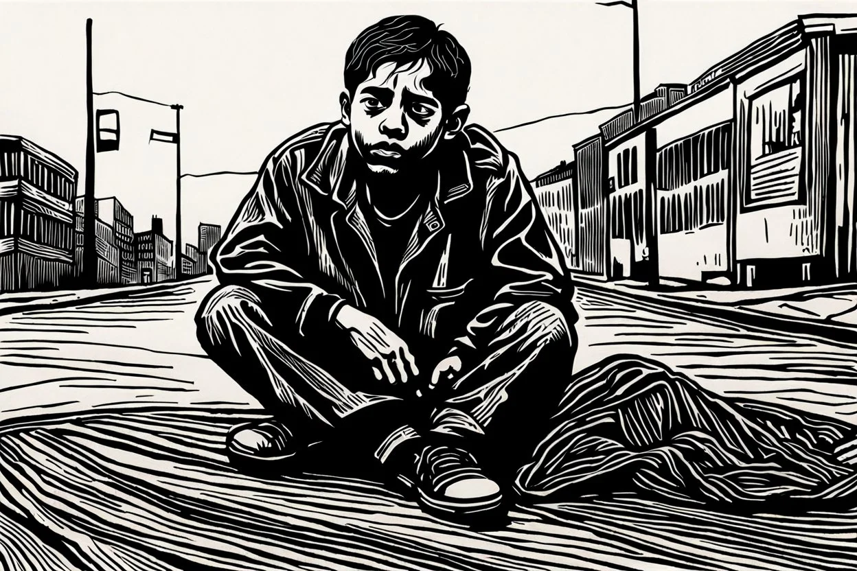 create a deeply powerful tragic, heart wrenching, and evocative, full body woodcut of a homeless and hungry young Muslim refugee boy with highly detailed and deeply cut facial features, lost in a horrific post apocalyptic Gaza, in the style of KATHE KOLLWITZ , searing lines and forceful strokes