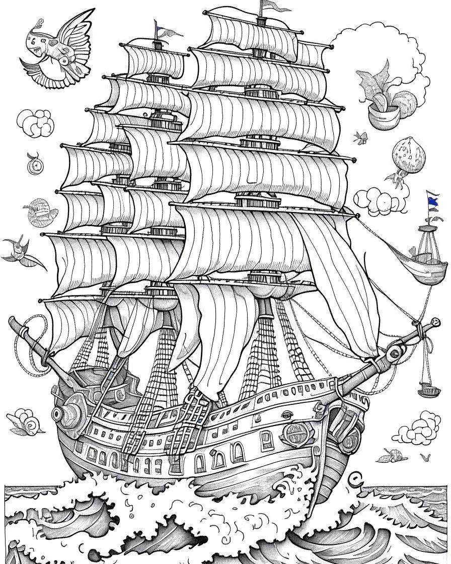 Pirates of the Caribbean: High Seas Pirate Ship Coloring Page: Create an exhilarating coloring page inspired by the Pirates of the Caribbean movie, featuring a majestic pirate ship sailing through rough seas. Challenge young artists to add their creative touch to billowing sails, the iconic Jolly Roger flag, and crashing waves. This black-and-white coloring adventure invites kids to embark on an exciting journey as they bring this thrilling pirate ship scene to life on paper.