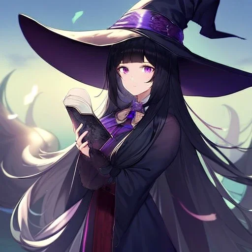 Clear focus,High resolution, black long fluffy hair, long fluffy bangs, purple eyes, wearing a witch outfit