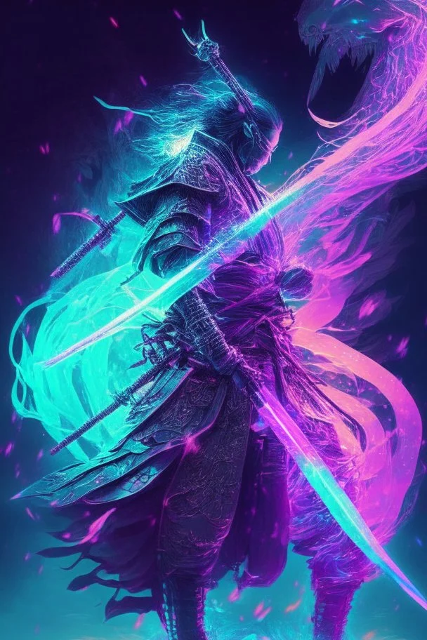 Mystical samurai emitting an aura of transparent dragons with a long, neon sword emitting an aura