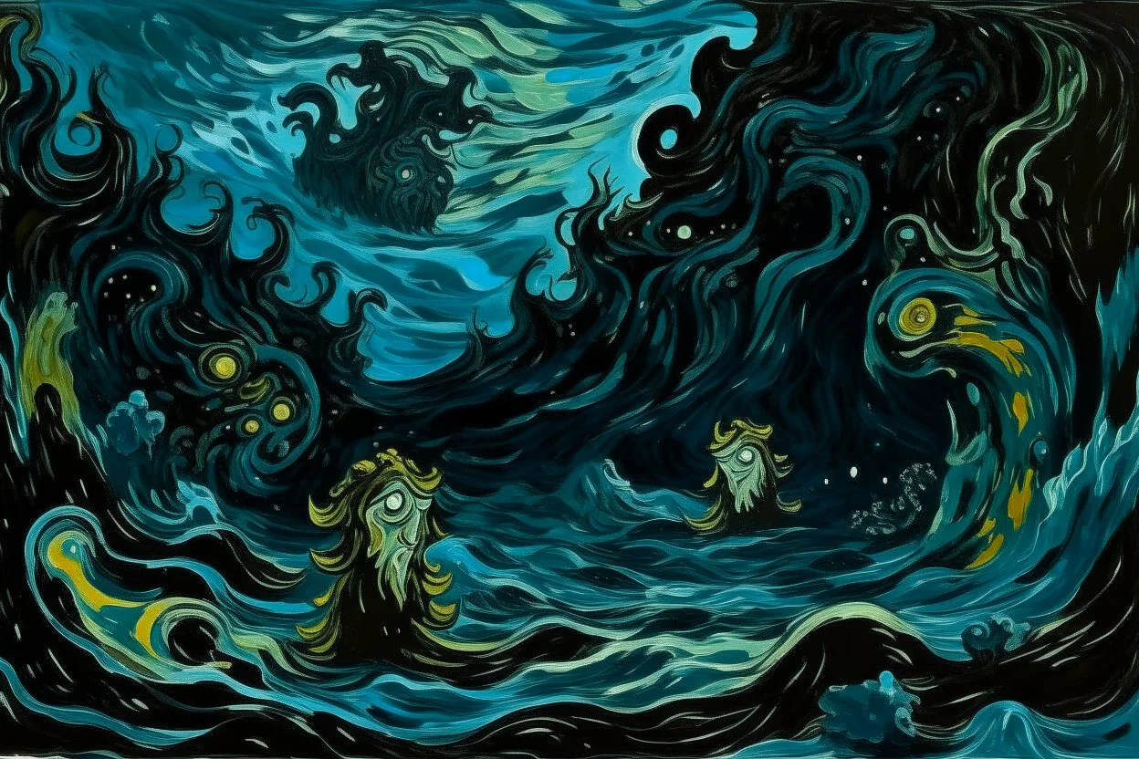 A black underwater abyss with shadow monsters painted by Vincent van Gogh