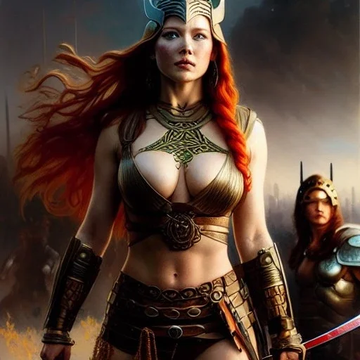 portrait 'beautiful Sexy busty Redhead Sif',Braids,horned helmet, celtic tattoed,painting by gaston bussiere, greg rutkowski, yoji shinkawa, yoshitaka amano, tsutomu nihei, donato giancola, tim hildebrandt, oil on canvas, cinematic composition, extreme detail,fit full head inside picture,32k