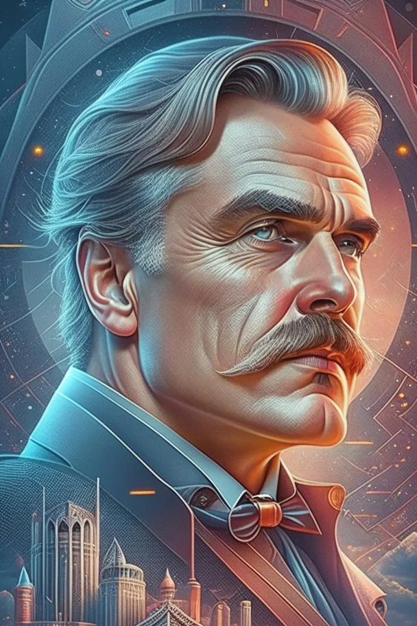 Best quality, masterpiece, ultra high definition,Futuristic, cyberpunk, Friedrich Nietzsche,Comic style