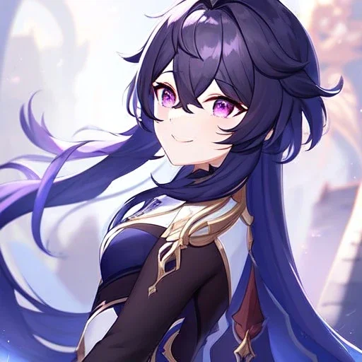 Clear focus,High resolution,High quality, Genshin, Smiling, Eyes closed, Black long hair flowing with the wind, Purple eyes