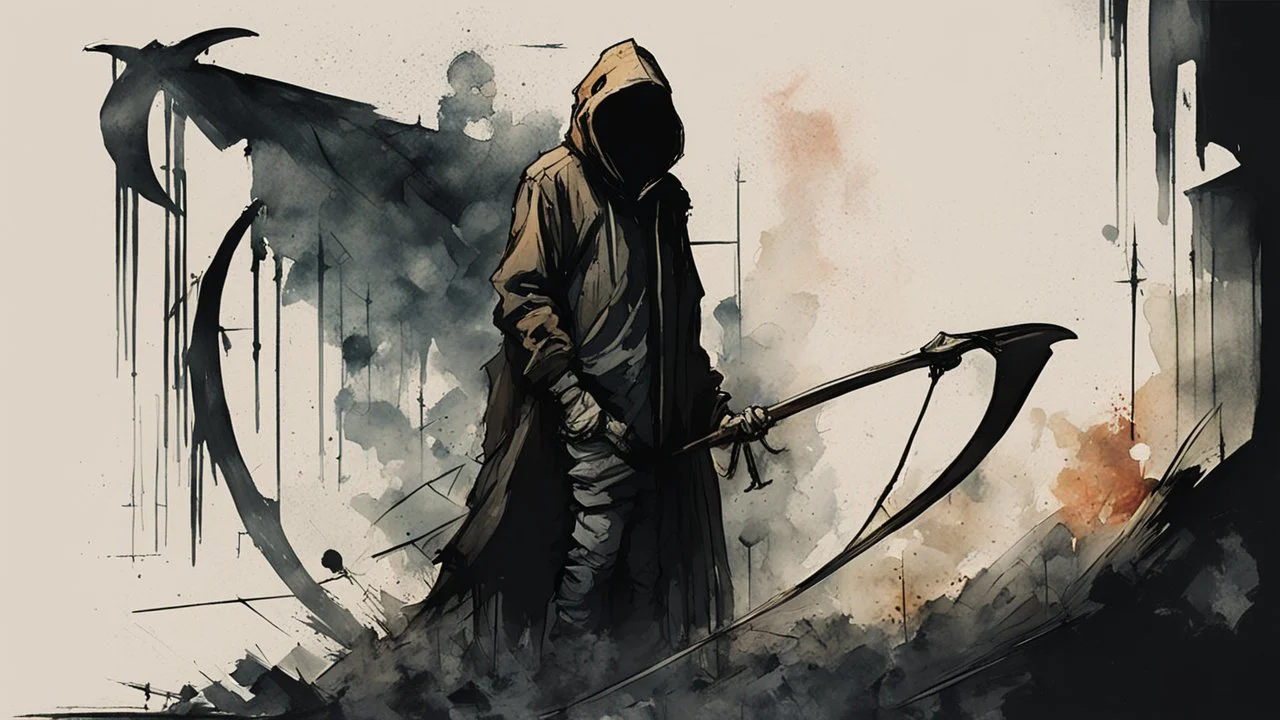 death in a hoodie and with a scythe talks to the poet on the remains of the world, a light watercolor sketch, by Leonid Afremov & Benedick Bana & Atelier Olschinsky & Ian McQue