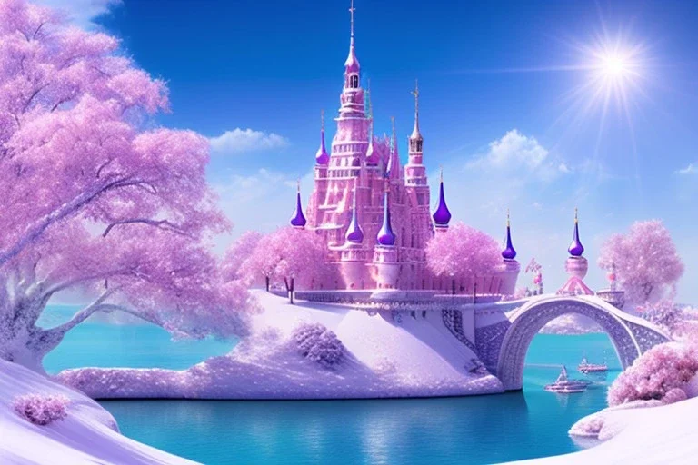 snow, pink castel and at right pink tree