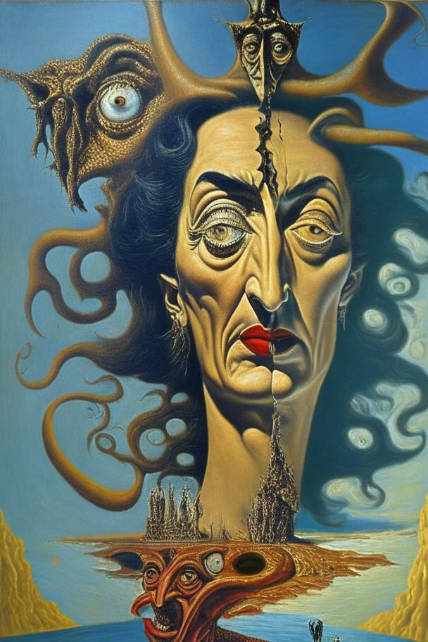 Artwork entitled "Devil's Bargain" depicting Salvador Dali's self-portrait as the woman he hated; surrealism; award-winning, intricate, insanely detailed, elegant. Right? Left?