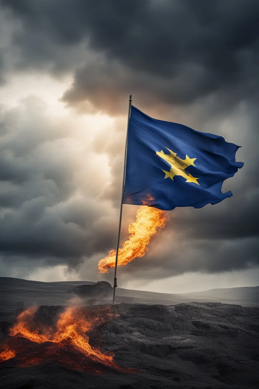 EU flag flowing in the wind under stormy skies; fire on the horizon;