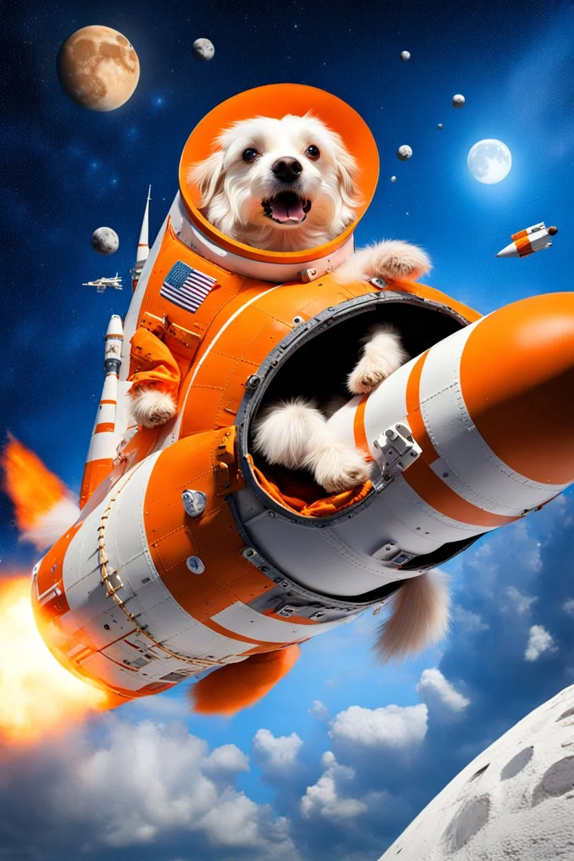 white and orange dog flies to the moon on top of the a rocket