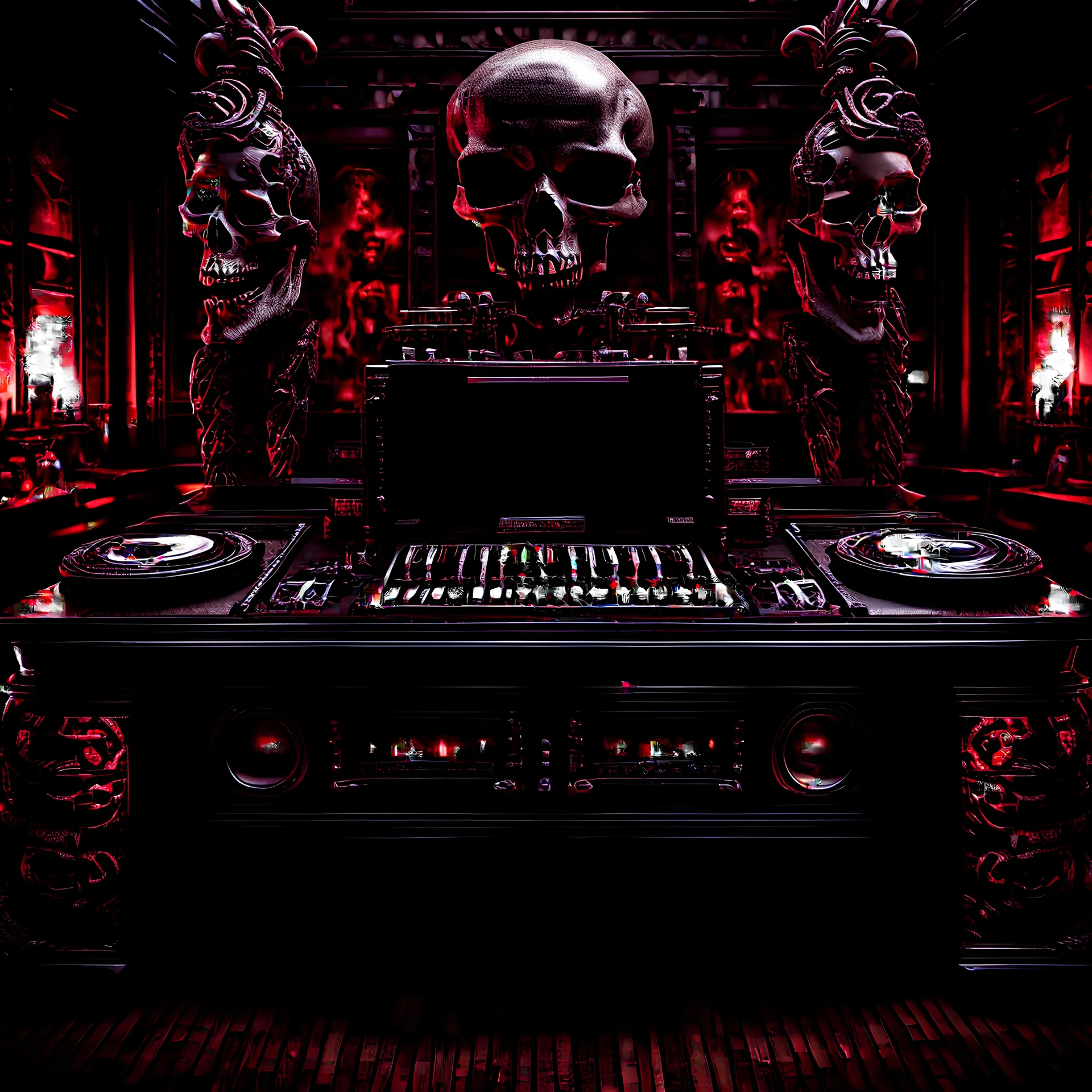 DJ of the damnded, insanely detailed DJ booth in hell, MID set, speakers and equipment made of bone, anatomically correct, add more skulls in th audience, photorealism, vray, 8k 3d https://stablecog.com/generate?o=a67b60e0-edd2-418d-9744-d1d585055d7f