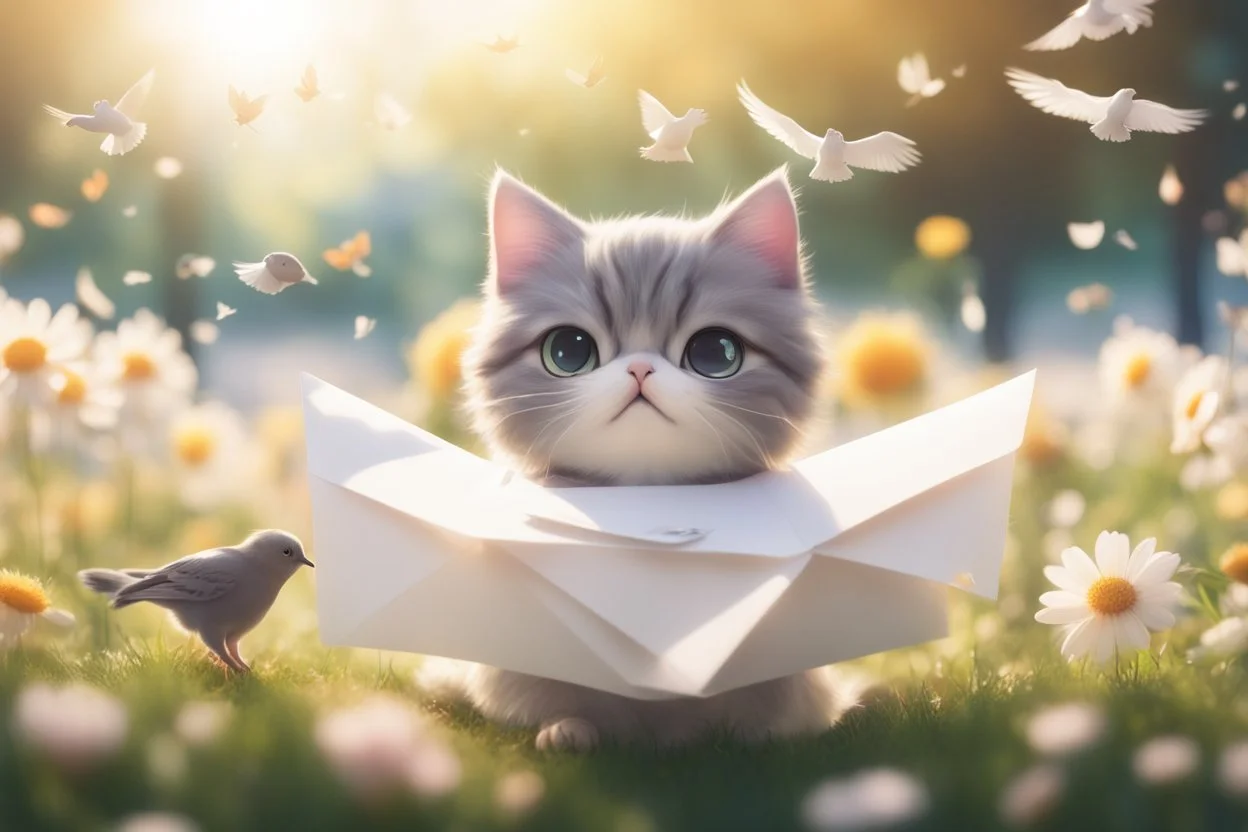 two cute anime chibi cats on either side of the picture looking at a pigeon in the top centre of the picture, flying with an envelope in its mouth in sunshine, flowerfield, ethereal, cinematic postprocessing, bokeh, dof