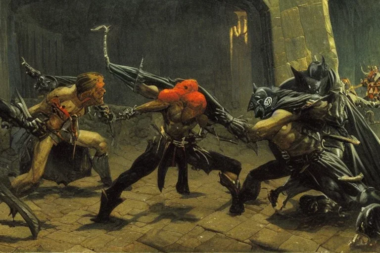 Orcs fighting batman in a dungeon painted by Caspar David Friedrich