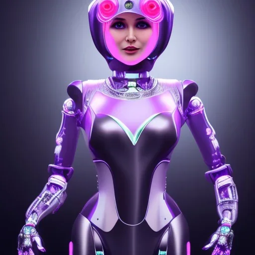 Cute hijab woman in a robotic suit,purple and pink backlight, profile