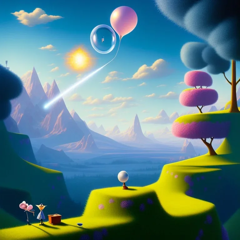 The mouse and the executioner discussing the future of the universe on bubble world, art by Pixar and Magritte