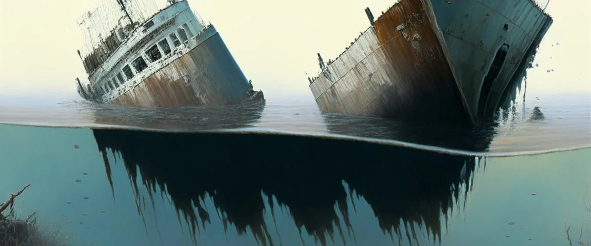 painting of a sunken ship, realistic, detailed, minimalistic