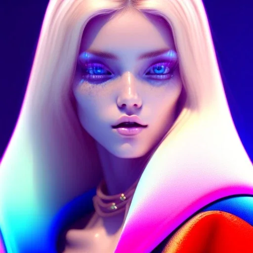 blonde busty woman, purpurin, minimal latex dress, oversize velvet coat, gradient color, BLUE, PINK, CYAN, neon, insanely detailed, 16k resolution, perfect eyes, cinematic smooth, intricate detail