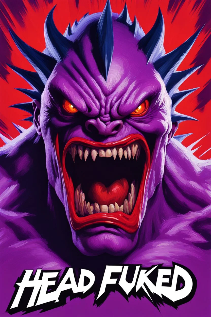 super head fuked title with movie poster title :HEAD FUKED SO MUCH BRO, monster more angry and more 90s style, angry fast, extreme, wild, so so angry, red and purple background with 90s style slashes