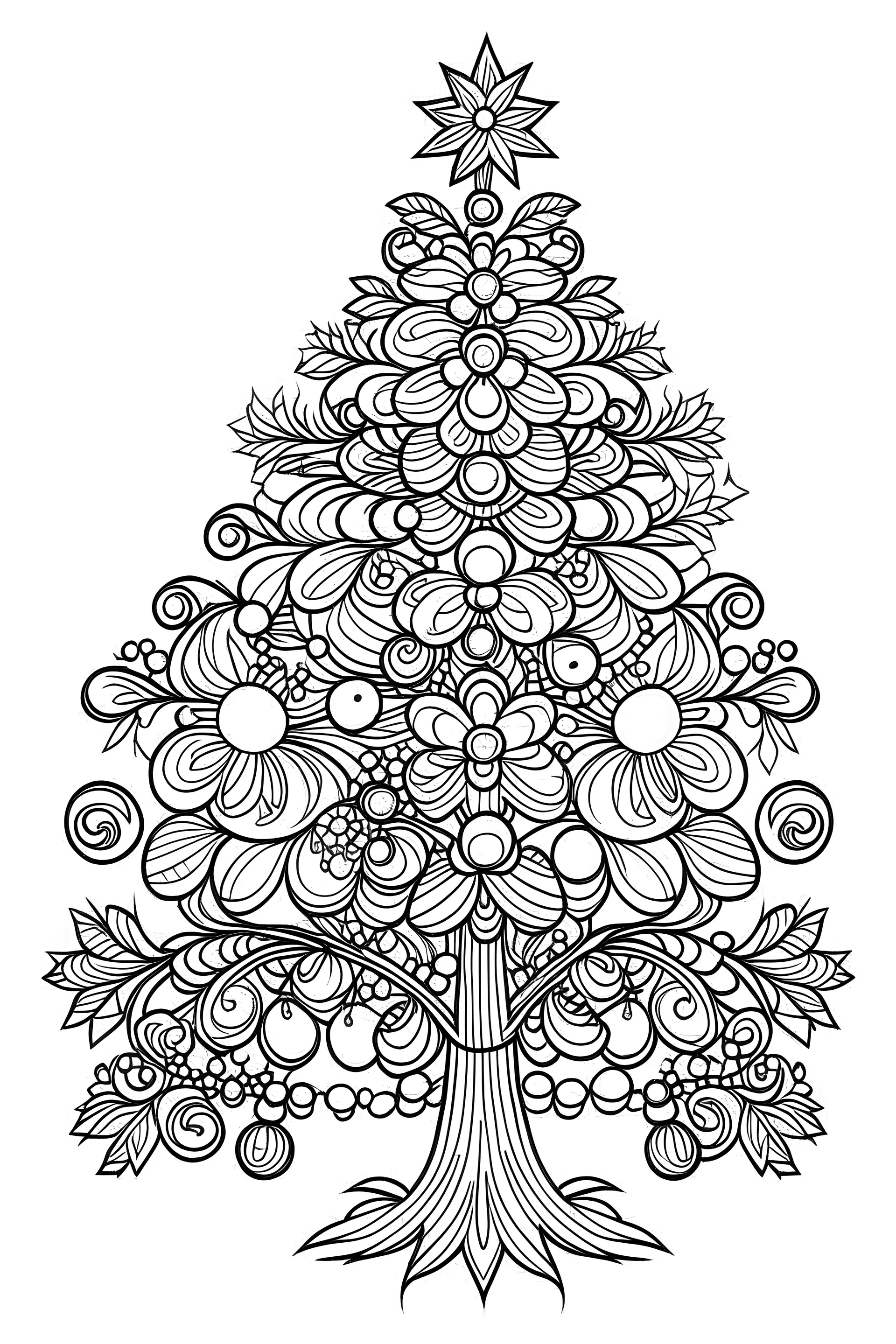 Simple drawing of beautifully decorated Cahristmas tree with ornaments, lights, and a shining star on top for coloring book