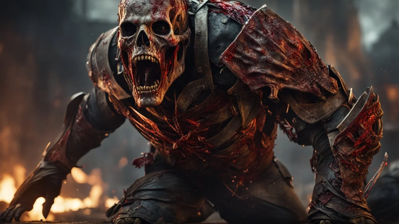 a rotting zombie attacking. carnage. empty eyes. armor melted into the skin. blood. broken bones. bleeding eyes. broken fangs. broken jaws. broken armor. gloves.intense horror. blind terror. scared to death. no weapons. no helmet. a masterpiece, fantasy concept art, dynamic lighting, hyperdetailed, intricately detailed, deep color, Unreal Engine, volumetric lighting, Epic cinematic brilliant stunning intricate meticulously detailed dramatic atmospheric maximalist digital matte paintin