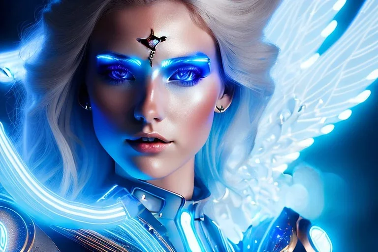 A beautiful portrait of a cute smiling cyber woman with wings, long blond platinum hair, luminous blue eyes, high key lighting, volumetric light high details with blue and white stripes white luminous celtic paterns, beam starry background