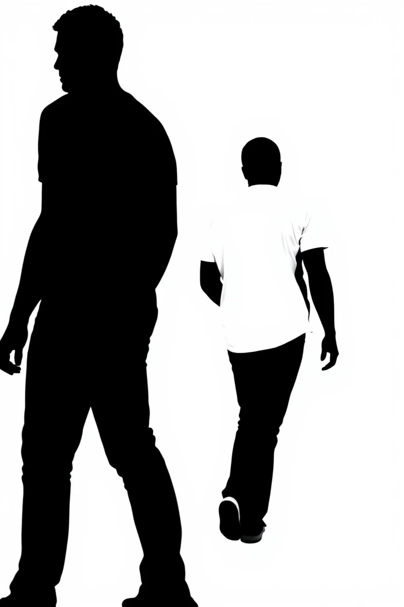 black silhouette of two adult men, one tall and muscular, walking away from the camera on solid white background