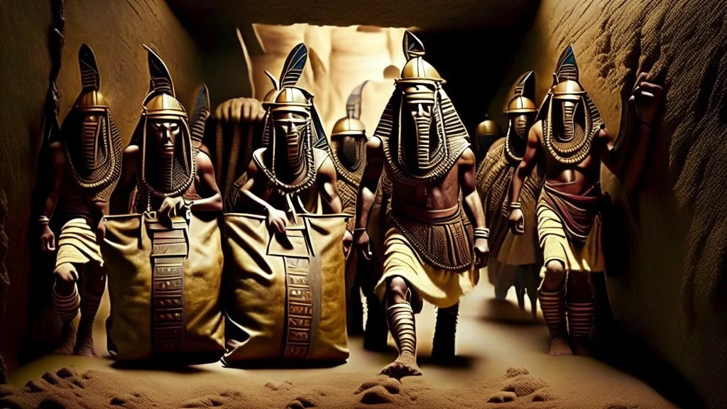 Pharaoh soldiers emerge from inside leather bags